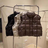 European Goods Trend Down Vest Female 2024 Winter New Fashion Splicing Loose Stand Collar Show Thin Warm Outside Wear Vest-Outfit
