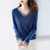Winter V-neck Mesh Patchwork Elegant Fashion Sweater Ladies Loose Casual All-match Knitting Pullover Female Sweet