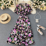 Zingj Typhoon Aesthetic Dress V Collar Lotus Leaf Edge High Waist Slim Skirt Sen Printed Fairy