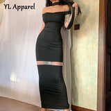 Mesh Patchwork Halter Neck See Through Long Black Dress Women 2022 Summer Sexy Hollow Out Bodycon Evening Party
