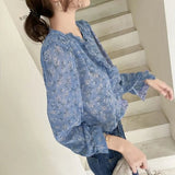 Women Chiffon Ruffled Collar Floral Printed Lantern Sleeve Korean Style Sweet Lady Elegant Leisure Gentle Fashion
