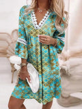 Holiday Casual Boho Beach Dress Women Retro Printed Party Dress Summer V Neck Lace Patchwork Hollow Out Pleated Mini