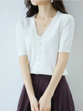 Silk Knitted Sweater Short-Sleeved Women's Summer New V-Neck Pearl Button T-Shirt Loose And Thin Short Five-Point Sleeve