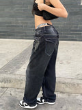 Printed Cargo Jeans Y2K Dark Blue Brown High Waist Streetwear 90S Baggy Trousers Women Pants Straight Wide Leg