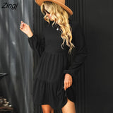 PETAL Burnt Orange Ribbed Tiered Mini Dress For Woman O-neck Long Sleeve Party Dress 2023 Spring Autumn Female