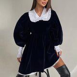 Zingj New Autumn And Winter Design Sense French Doll Collar Fashion Casual Velvet Little Black Dress Dress Shaggy Skirt Woman-Outfit