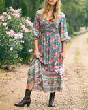 Queens Women Floral Print Button Beach Bohemian Maxi Dress Ladies Cross V Neck Summer Rayon Boho