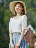 BELIEVE YOU Summer New Women's T-shirt French Hollow Out Short Sleeve T-shirts Slim Square Collar T-shirt Top Women