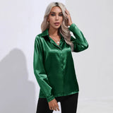 Autumn Satin Shirt Women V Neck Long Sleeve Office Shirt Blouses Ladies Black White Silk Loose Shirts For