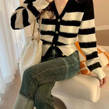 Zingj New Autumn Stripe V-Neck Knit Cardigan Jacket Korean Chic Short Jacket Design Sense Of Minority Women-Outfit