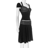 Black Polka Dot Patchwork Top And Midi Skirt Set- Outfit