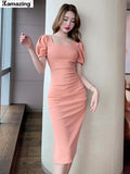 New Midi Dress For Women Elegant Bodycon Office Lady Solid Femme Fashion Clothing