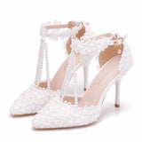 White Lace Wedding Shoes One-Word Wristband Bridal Shoes Fine Heel Tip Wedding Shoes Women's