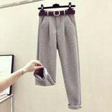 Zingj Suit Female Autumn Winter New Retro Niche Long Sleeve Fake Two Sweaters High Waist Warren Small Feet Woolen Pants-Outfit