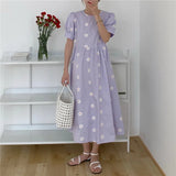 Kitty Vinatge Floral Embroidery Elegant Women Dress New Summer Korean Style Puff Sleeve Party Long Dresses