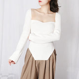 Fashion Women's Sweater Square Collar Waist Long Sleeve Irregular Pink Bottom Knitted Pullovers Spring 2023 New
