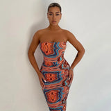 Women Fashion Summer Strapless Sleeveless Printed Bodycon Package Hip Tube Dress 2021 Female Clothing