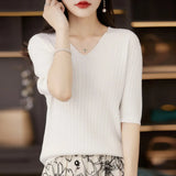 Zingj The Summer Of 2023, Women's Knit Short Sleeve Korean V-Neck Solid Color T-Shirt And A Pit Top-Outfit