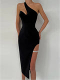 Elegant Inclined Shoulder High Split Midi Dress For Women Gown Summer Backless Sleeveless Bodycon Long Dress