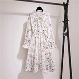 Women Casual Summer Dress Lady Korean Style Vintage Floral Printed Chiffon Shirt Dress Long Sleeve Bow Midi Summer Dress
