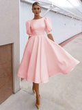 Spring and Summer Solid Color Slim Women's Dress Fashion Sexy Big Swing Short Sleeve Skirt Back Hollow Short Sleeve