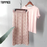 Summer Cute Pink Set Women Two Pieces Set Casual Cotton Linen Slim T-shirts High Waist