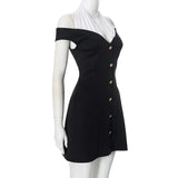 Black Off-Shoulder Contrast Halter Buttoned Mini Dress-Outfit