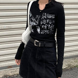 Retro Graffiti Print Elastic T Shirt Women Sexy Slim Crop Top Ribbed Long Sleeve V-neck Tops Grunge Clothes
