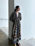 Coconut Printed Grove Puff-sleeve V-neck Maxi Dress Women Elegant Buttons A-line Dresses Summer New Lady Street