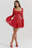 Long Sleeve Lace Square Neck Mini Dress-Outfit