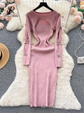 2023 Autumn Knitted Chic Dress O Neck Hollow Out Long Sleeves Bows Decoration Solid Women Slim Fit Bodycon Party