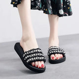 Heel Colored Pearl Women Slippers Flat Bottom Flip Flops Seaside Holiday Beach Shoes Outside Non-Slip Slides flower