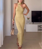 Beige Draped Halter Neck Knit Midi Dress- Outfit