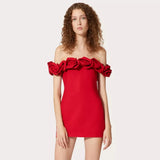High-End Fashion Women's Red Shoulder Dress High Sense Short Elastic Repair Three-Dimensional Floral