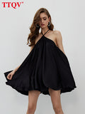 Sexy Halter Backless Mini Dress 2022 Summer Sleeveless Black Satin Dress Ladies Vintage Pleated Elegant Dresses For