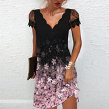 Elegant Dresses Summer Fashion Sexy V Neck Lace Short Sleeves Mini Dresses Ladies Vintage Black Club Party Dress