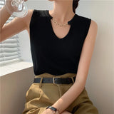 Summer V-Neck Knit Slim Tank Top Female Solid Casual Sleeveless Camisole Crop Top