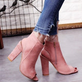 Boots Faux Suede Leather Casual Open Peep Toe High Heels Zipper Fashion Square Rubber Black Shoes For Women Plus Size