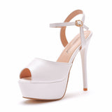 Mouth High Heeled Sandals Fine Heel White Wedding Shoes Bridal Shoes White Buckle Sandals Large