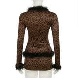 Tie Up Feather Leopard Print Tie Up Top And Mini Skirt Set- Outfit