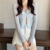 Women V-neck Solid Single Button Slim Knitted Thin Tops Female Korean Style Simple Trendy Long Sleeve Sun