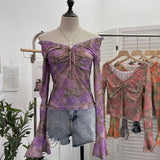 Vintage Print V-Neck Horn Sleeve Top Wooden Ear Lace With Short-Sleeved Long-Sleeved T-Shirt