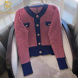 Plaid Cardigan Crop Top Fall 2021 Women Cropped Sweater Coat Full Round Neck Diamond Buckle Knit Cardigan Elegant