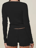 Women Pajama Sets 2pcs Loungewear Suits Solid Long Sleeve V-Neck T-shirts Crop Tops and Lace Shorts Sleepwear