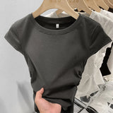 Black Round-Collar Short-Sleeved T-Shirt With A Black Round Neck Designed By European Designers Is A New Tight-Fitting, Skinny, Short-Style Blouse For Women In Spring And