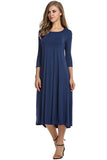 Women Round Neck Shirt Half Sleeve Solid Long Skirt Color Wide Hem