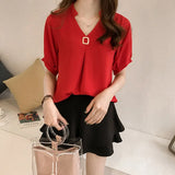 Plus Size Summer Tops Blouse Solid V-neck Short Sleeve Chiffon Blouse Women Elegant Korean Loose Slim New Ladies