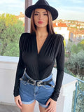 V Neck Brown Bodycon Bodysuit Women Autumn Long Sleeve Top Bodies Sexy Solid Female Overalls Casual Bodysuits