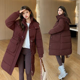 Cotton-Padded Coat Coat Female New Winter Hooded Down Cotton Long Over The Knee Thick Waist Show Thin Cotton-Padded Jacket-Outfit