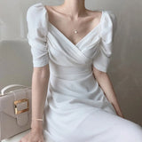 French Women's Dresses Summer Elegant V Neck Short Sleeve Chiffon Dress Party Midi Dress Casual Women Clothing
